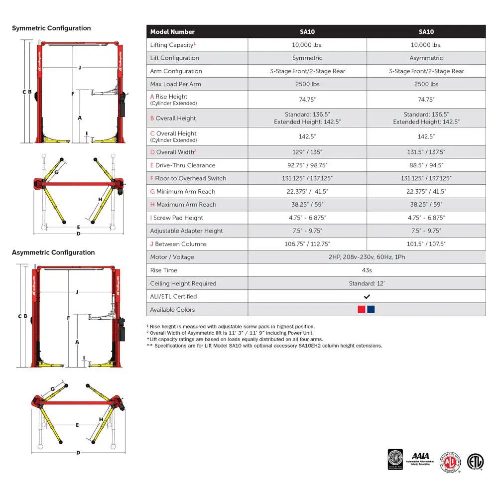 Challenger SA10 10K Symmetric/Asymmetric 2-Post Car Lift - Image 4